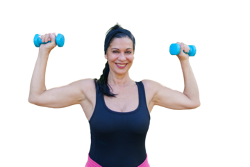 Smiling fitness instructor lifting weights on transparent background