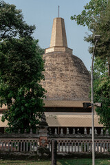 Golden tiled dome of a Buddhist stupa at a vihara, framed by green tropical trees. Serene spiritual Southeast Asian architecture.