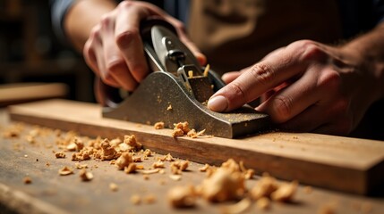 Close-up of a craftsman's hands using a hand plane on wood in a workshop.