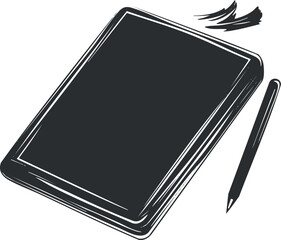 Black and white illustration of a digital tablet with a stylus pen for drawing and writing