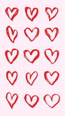 Red hand-drawn hearts pattern on a grid background. Repeated heart design creates a playful, romantic feel. Perfect for Valentine's Day or love-themed projects. Cute hand drawn Valentine's Day vector.