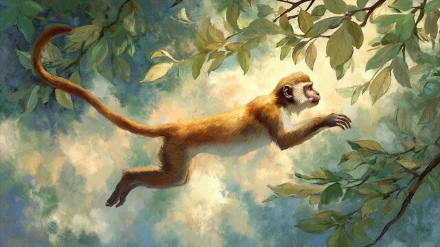 A tan monkey leaps gracefully through lush green foliage, sunlight illuminating its fur