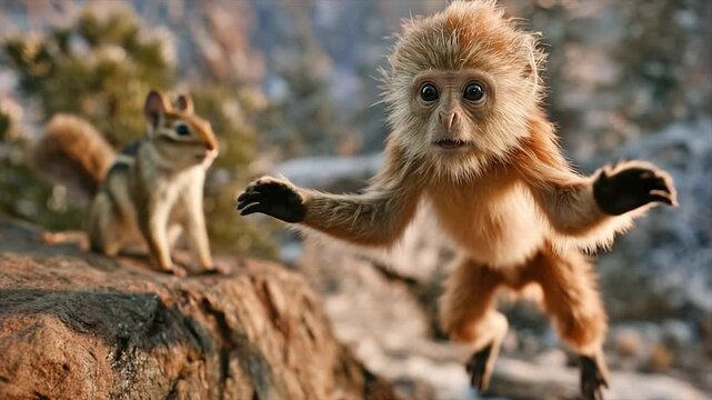 A curious monkey leaps forward, a chipmunk watches
