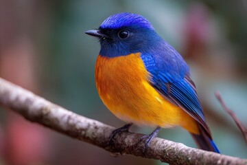 Naklejka premium Bird with blue head and orange belly sits on branch