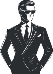 Stylish confident man wearing a formal suit and sunglasses standing with hands in pockets