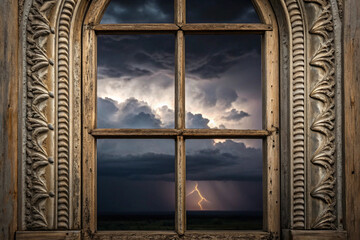 Stormy sky seen through a rustic window frame showing lightning and dramatic clouds