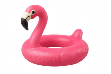 Pink inflatable flamingo ring floating on a transparent background, perfect for summer vacation and pool party themes