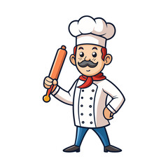 Playful male chef holding a rolling pin like a guitar, creative cooking concept, fun culinary art, professional kitchen illustration