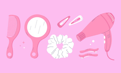 Pink hair care accessories set with comb, mirror, scrunchie, hair dryer, and clips. Feminine flat design for beauty, fashion, and salon projects.