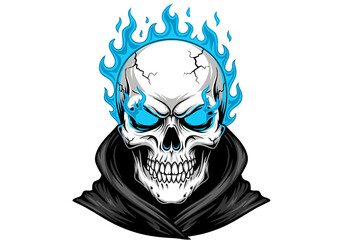 Vector illustration of an angry human skull with glowing eyes engulfed in mystical blue fire and wearing a black hooded robe