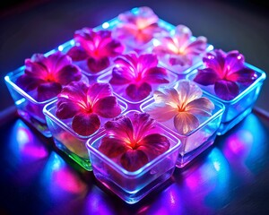 Photo of an artistic arrangement of glowing purple and pink flowers floating in water within square glass containers, illuminated by vibrant neon lights, creating a mesmerizing and tranquil atmosphere