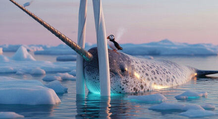  Close-up of a colossal narwhal’s spiraled tusk breaking through the crystalline Arctic ice at sunrise, with a vibrant puffin perched at its base under the pastel glow of a polar dawn, surrounded