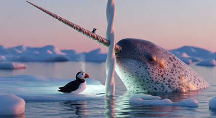  Close-up of a colossal narwhal’s spiraled tusk breaking through the crystalline Arctic ice at sunrise, with a vibrant puffin perched at its base under the pastel glow of a polar dawn, surrounded