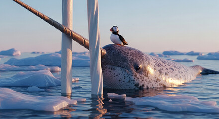  Close-up of a colossal narwhal’s spiraled tusk breaking through the crystalline Arctic ice at sunrise, with a vibrant puffin perched at its base under the pastel glow of a polar dawn, surrounded