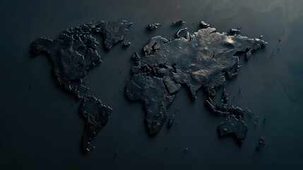 Textured world map in dark tones, showcasing continents in unique, artistic style. surface appears rugged and three dimensional, evoking sense of depth and intrigue
