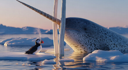  Close-up of a colossal narwhal’s spiraled tusk breaking through the crystalline Arctic ice at sunrise, with a vibrant puffin perched at its base under the pastel glow of a polar dawn, surrounded