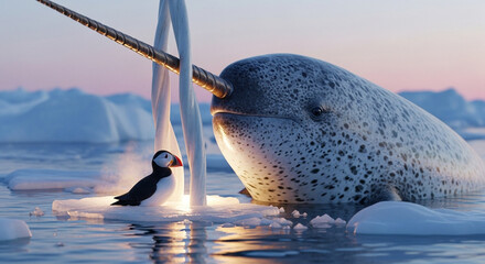  Close-up of a colossal narwhal’s spiraled tusk breaking through the crystalline Arctic ice at sunrise, with a vibrant puffin perched at its base under the pastel glow of a polar dawn, surrounded