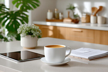 Coffee cup, digital tablet and notebook sitting on kitchen counter