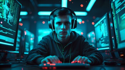 Naklejka premium A young man, deeply focused, works on a computer system while wearing headphones