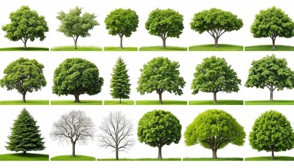 Various tree species isolated on a grass
