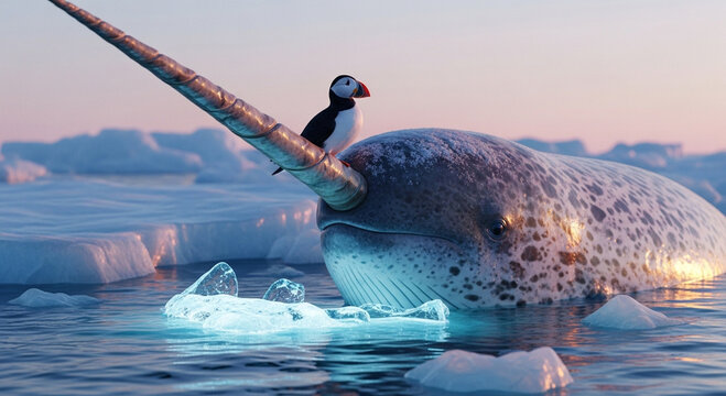  Close-up of a colossal narwhal&rsquo;s spiraled tusk breaking through the crystalline Arctic ice at sunrise, with a vibrant puffin perched at its base under the pastel glow of a polar dawn, surrounded