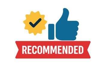 Recommended badge thumbs up icon. Approval banner with checkmark and like symbol. Recommendation and endorsement label. Best choice tag. Positive feedback. Recommendation vector illustration isolated.