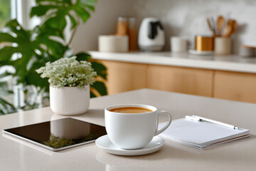 Obraz premium Coffee break enjoying cozy home office atmosphere with tablet and notebook