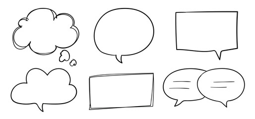 Hand-drawn speech bubbles in various shapes. Speech bubbles for comics, notes, or messages. Blank speech bubbles for creative designs or text inserts. Hand drawn message element set. Vectors.