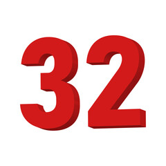 3D Red Number 32 Text Vector on White Background

