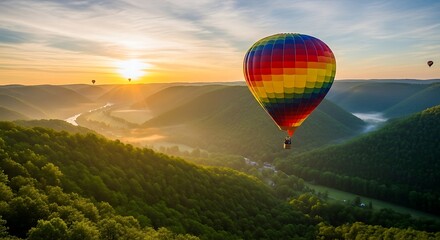 Fototapeta premium Morning Flight Rainbow Hot Air Balloon Drifting Peacefully Over a Lush River Valley