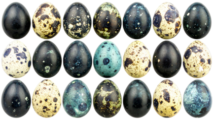  black speckled Easter eggs arranged in multiple clusters celebrating spring theme isolated on transparent background