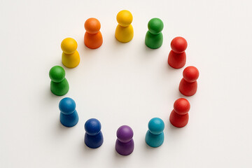 Multicolored wooden peg figurines arranged in a nearly complete circle symbolizing unity, diversity, and equity in representation