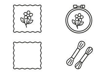 Outline Embroidery Handkerchief Icon Set. Floral Embroidered Linen Squares, Embroidery Hoop, Floss, Needlework Tools. Craft Textile, Sewing, DIY Art Supplies. Vector Graphic for Seamless Backgrounds.