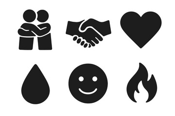 Emotional Connection Symbols. Solid Filled Vector Icon Set of Empathy, Trust, Love, Hug, Handshake, Heart, Tear Drop, Smile, Passion, Fire. Relationship and Feeling Concept. Transparent Background.
