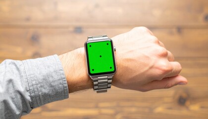 Close-up of a man's wrist wearing a modern smartwatch with a blank green screen for mockup purposes, set against a rustic wooden background
