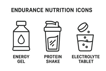 Endurance Nutrition Icons Vector Set, Outline Style Sports Nutrition Symbols for Athletes, Energy Gel, Protein Shake, Electrolyte Tablet, Hydration and Performance Boost Graphic Design