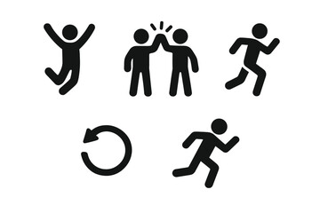 Naklejka premium Energetic Icon Set of Solid Filled Vector Figures Showing Movement, Jumping, High Five, Running, Arm Swing, and Spin Action for Active Lifestyle and Fun