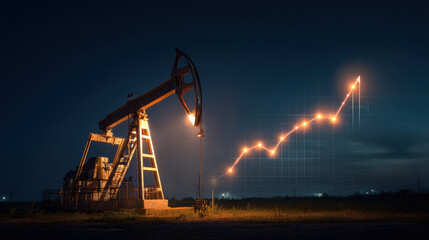 Oil pump jack illuminated at night with a rising growth chart.