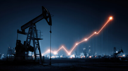 Illuminated oil pump jack with a rising financial graph against city lights.