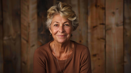 Fototapeta premium Smiling elderly woman with short, curly gray hair is seated against rustic wooden background. Her warm expression conveys wisdom and kindness, creating welcoming atmosphere