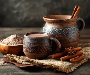 Mexican Champurrado, atole de cacao drink, on the table, with space for copying