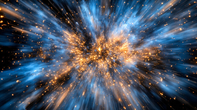 An explosion of golden light and energy bursts forth amidst swirling blue cosmic dust, creating a dynamic and captivating celestial spectacle.