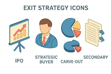 Exit strategy icons. Isometric business exit strategies vector illustration set. IPO chart presentation, strategic buyer, carve-out pie graph, secondary sale document. Stock market concept.