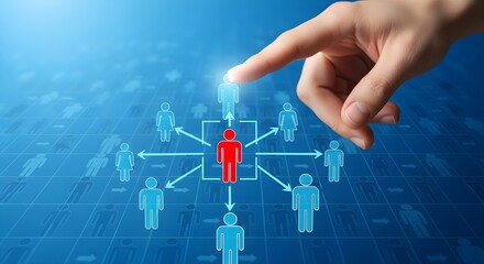 A hand pointing at a person icon with a network of connections, representing leadership, teamwork, and influence, on a blue background.