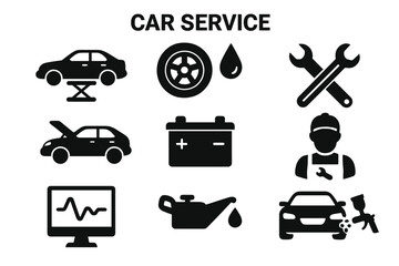 Car service icons vector set on transparent background, automotive repair symbols, vehicle maintenance tools and signs, garage service, mechanic workshop, auto care essentials