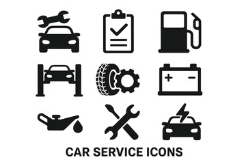 Car service icons vector illustration set on transparent background with automotive repair symbols, mechanic tools, vehicle maintenance signs for garage and auto shop design