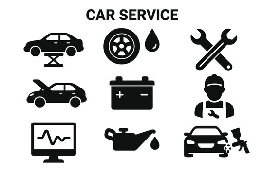 Car service icons vector set on transparent background, automotive repair symbols, vehicle maintenance tools and signs, garage service, mechanic workshop, auto care essentials
