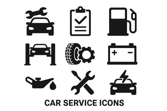 Car service icons vector illustration set on transparent background with automotive repair symbols, mechanic tools, vehicle maintenance signs for garage and auto shop design