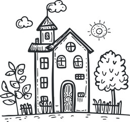 Hand drawn black and white sketch of a house with trees sun clouds and a fence in a simple cartoon style