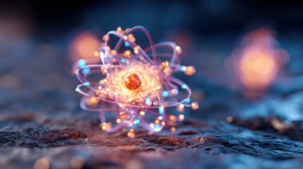 Abstract representation of an atom with glowing particles against a blurred background.
